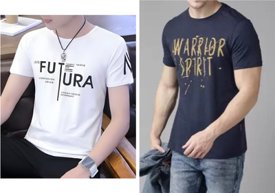 Pachirisu Printed Men Round Neck White, Navy Blue T-Shirt