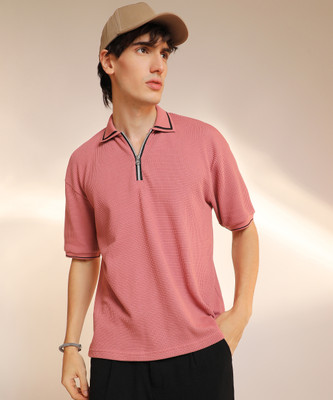 CAMPUS SUTRA Solid Men Polo Neck Pink T-Shirt