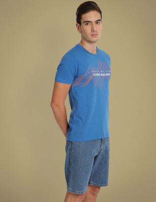 FLYING MACHINE Printed Men Crew Neck Reversible Blue T-Shirt