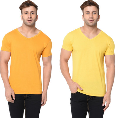 Tresna Trending Solid Men V Neck Yellow T-Shirt