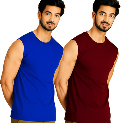 Adorbs Solid Men Round Neck Dark Blue, Maroon T-Shirt