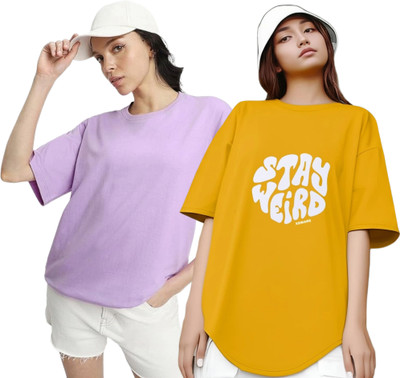 R S Fashion Printed Women Round Neck Purple, Yellow T-Shirt