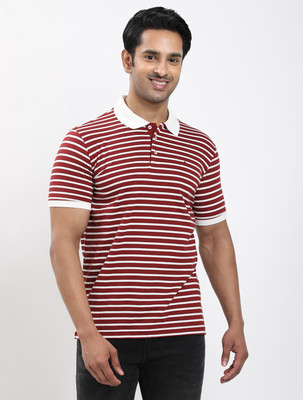 INDIAN TERRAIN Striped Men Polo Neck Maroon T-Shirt