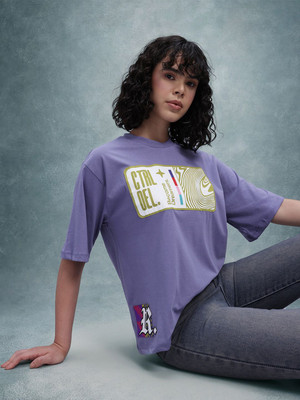 Roadster Printed Women Round Neck Purple T-Shirt