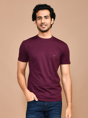 SKYKNIT Solid, Printed Men Round Neck Maroon T-Shirt