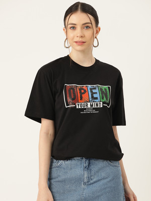 SLENOR Printed, Typography Women Round Neck Black T-Shirt