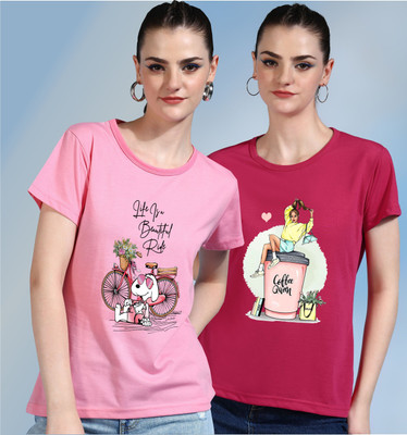 METRONAUT Printed Women Round Neck Pink T-Shirt