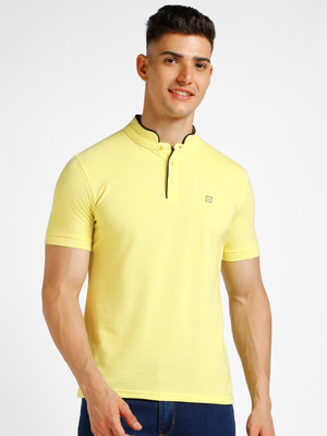 Urbano Fashion Solid Men Mandarin Collar Yellow T-Shirt
