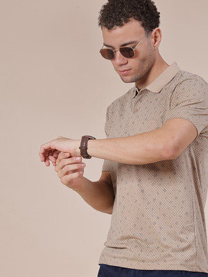 V-MART Printed Men Polo Neck Beige T-Shirt