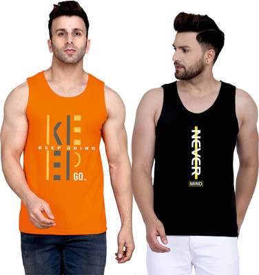 SLOWLORIS Printed Men Round Neck Orange, Black T-Shirt