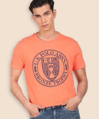 U.S. POLO ASSN. Printed Men Round Neck Orange T-Shirt