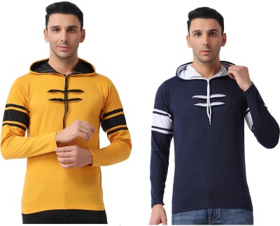 XECTUS Solid Men Hooded Neck Yellow, Navy Blue T-Shirt