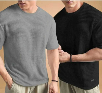 BOOM BAAM Self Design Men Round Neck Black, Grey T-Shirt