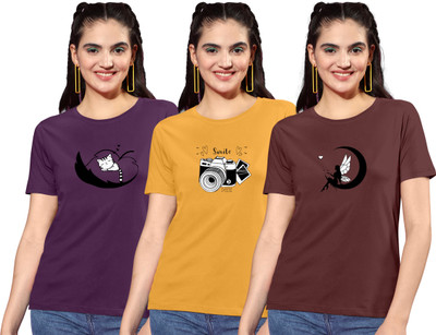 ZentWorld Printed Women Round Neck Black, Yellow, Brown T-Shirt