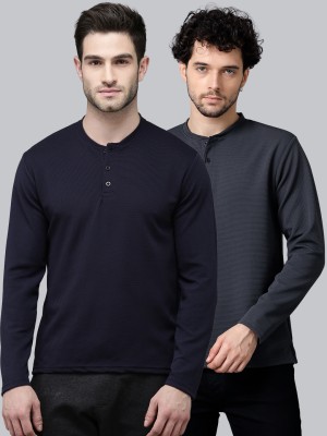 MADSTO Solid Men Henley Neck Dark Blue, Grey T-Shirt