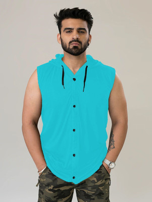 GEUM Solid Men Hooded Neck Light Blue T-Shirt
