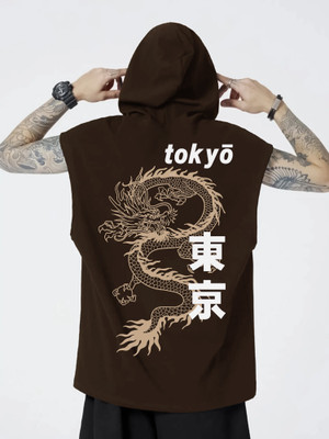 Jump Cuts Printed Men Hooded Neck Brown T-Shirt