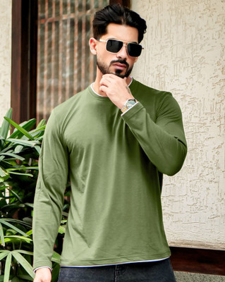 AOOSH Solid Men Round Neck Light Green T-Shirt
