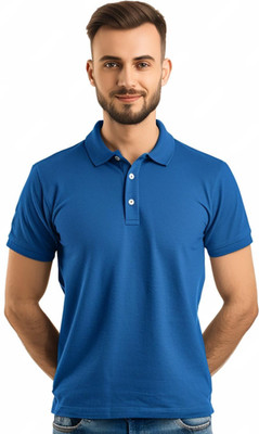 JEDFER Solid Men Polo Neck Blue T-Shirt