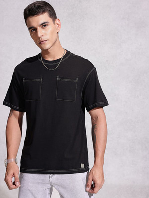 WROGN Solid Men Round Neck Black T-Shirt