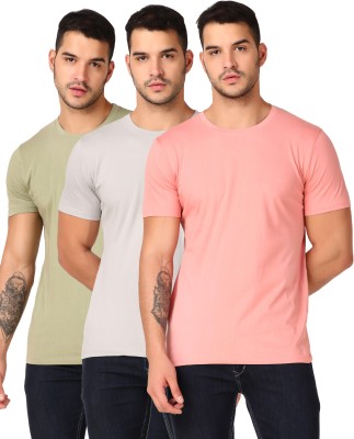 Inner Element Solid Men Round Neck Pink, Grey, Green T-Shirt