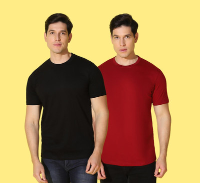 WOOSTRO Solid, Printed Men Round Neck Black, Maroon T-Shirt