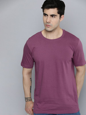 ether Solid Men Round Neck Purple T-Shirt
