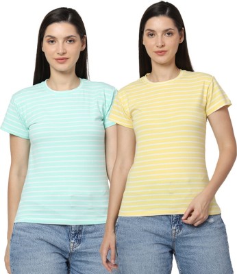 Woolbear Striped Women Round Neck Light Blue, Yellow T-Shirt