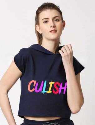 SPOWEARY Typography Women Hooded Neck Navy Blue T-Shirt