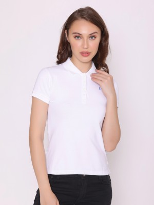 Flawless Solid Women Polo Neck White T-Shirt