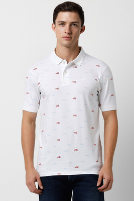 PETER ENGLAND Printed Men Polo Neck White T-Shirt
