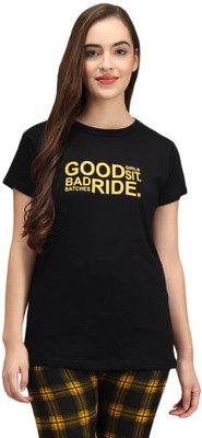 FUNDAY FASHION Printed Women Round Neck Black T-Shirt