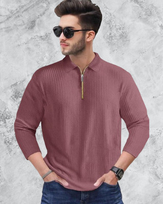 HOODLER Self Design Men Polo Neck Pink T-Shirt