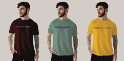 Alliance Typography Men Round Neck Maroon, Yellow, Light Green T-Shirt