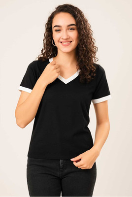 TQH Solid Women V Neck Black T-Shirt