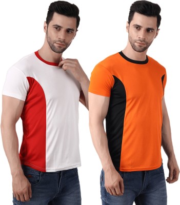 Yezi Solid Men Round Neck Orange, White T-Shirt