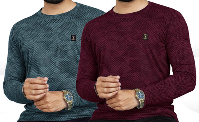 AVOLT Self Design Men Round Neck Grey, Maroon T-Shirt