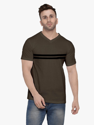 cotton high density Striped Men V Neck Green T-Shirt