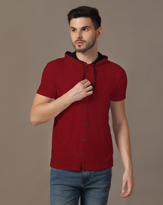 GEUM Solid Men Hooded Neck Maroon T-Shirt