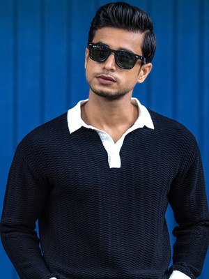 MANIAC Self Design Men Polo Neck Blue T-Shirt
