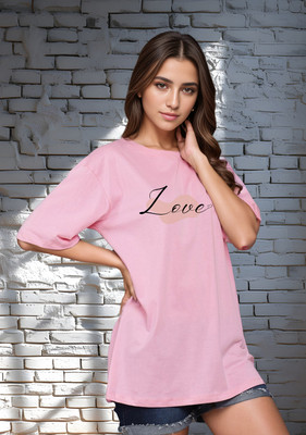 SLENOR Graphic Print Women Round Neck Pink T-Shirt