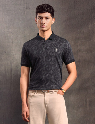 U.S. Polo Assn. Denim Co. Geometric Print Men Polo Neck Black T-Shirt