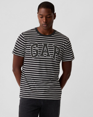 GAP Striped Men Crew Neck Black T-Shirt