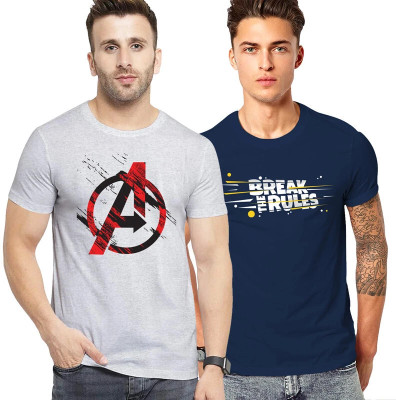 FADMARK Printed Men Round Neck Grey, Dark Blue T-Shirt