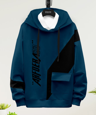 AUSK Printed Men Hooded Neck Dark Blue, Black T-Shirt