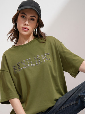 Tokyo Talkies Printed Women Round Neck Green T-Shirt