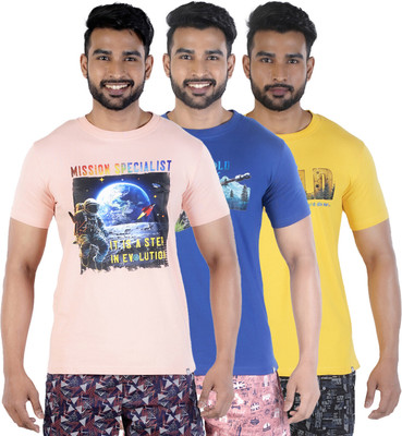 COLORS by Rupa Frontline Graphic Print Men Round Neck Pink, Dark Blue, Yellow T-Shirt