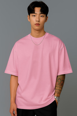 JUGULAR Solid Men Round Neck Pink T-Shirt