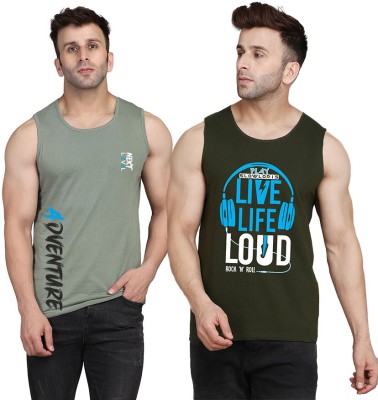 SLOWLORIS Printed Men Scoop Neck Dark Green, Light Green T-Shirt