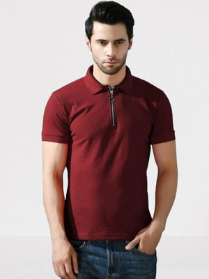 R S Fashion Trend Solid Men Zip Neck Maroon T-Shirt